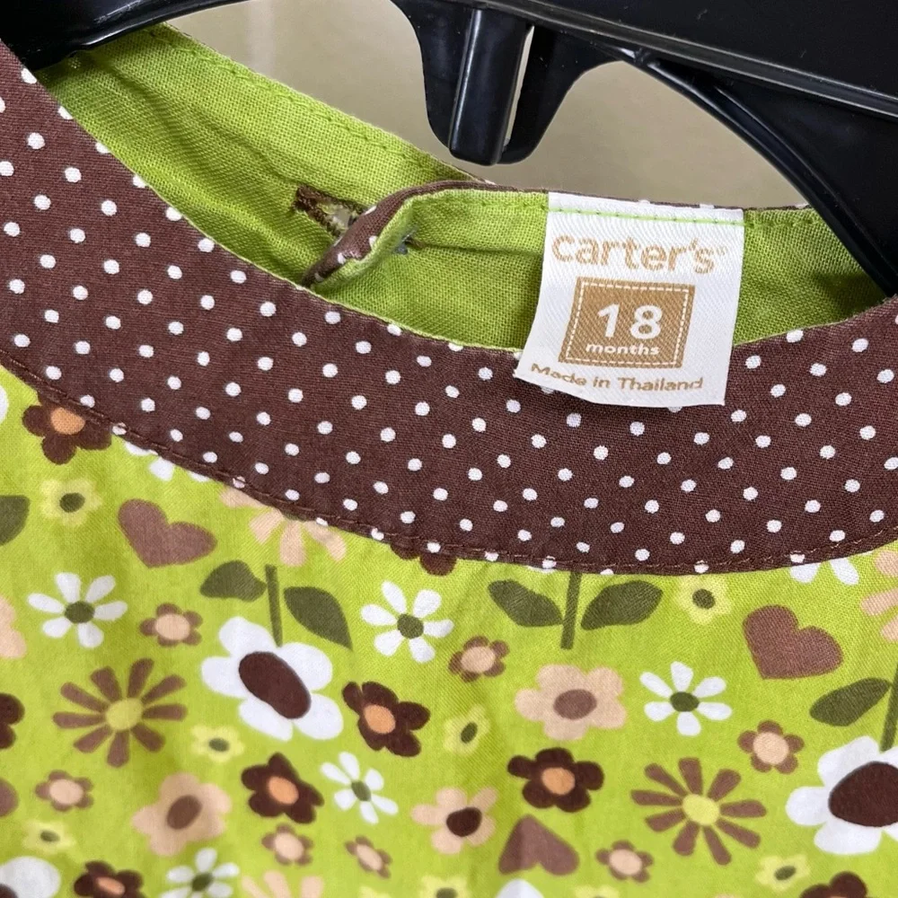 Vintage Kids Carters‎ Baby 18m Green Brown floral sundress polka dot trim